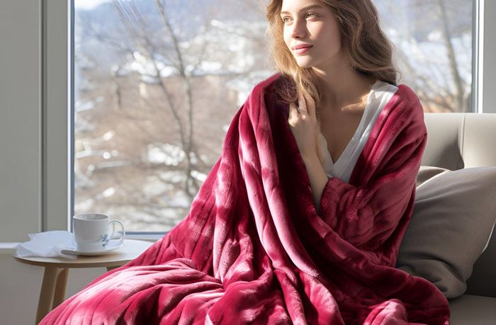 A woman, wrapped in a soft blanket, enjoys a peaceful moment by the window; below, a graph showcases the faster heating capabilities of the product, emphasizing its superior efficiency compared to others.