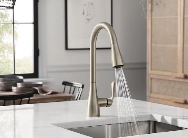 A sleek silver pull-down kitchen faucet installed in a modern kitchen setting