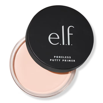 E.l.f. Poreless Putty Primer displayed in an open container, showing its smooth, creamy texture, with a black lid positioned beside it—ideal for prepping skin for makeup.