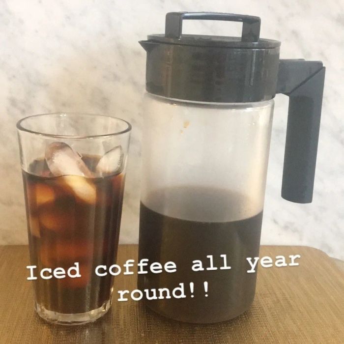 A glass of iced coffee placed next to the Takeya cold brew maker with labels for both.