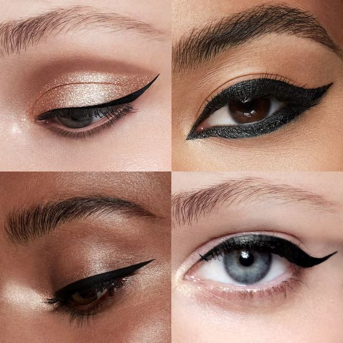 Four close-up images of eyes showcasing different eyeliner styles, demonstrating various makeup techniques.