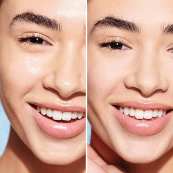 Two close-up images side by side of a person with a radiant smile, showcasing smooth, glowing skin—perfect for a beauty feature in a shopping article.