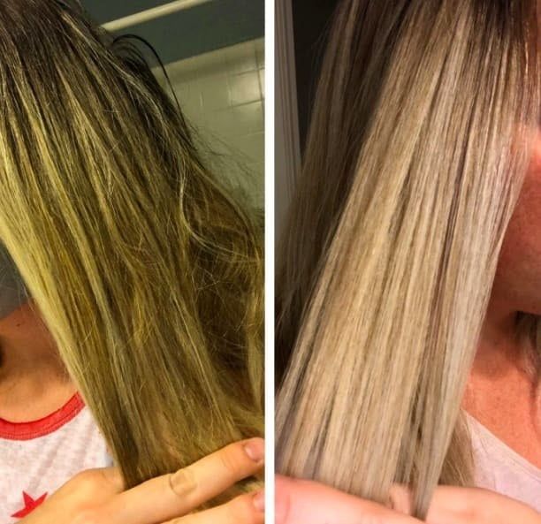 Before-and-after photos of a reviewer's hair, showing it first yellow and brassy, then much smoother and light blonde after using the shampoo.