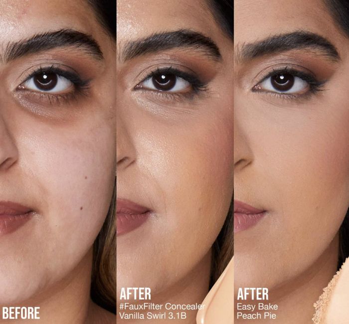A model’s before-and-after shots showing the transformation after using the powder