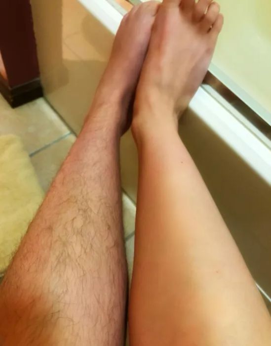 A reviewer's smooth, shaved leg next to a leg that hasn't been shaved yet, clearly showing the difference.