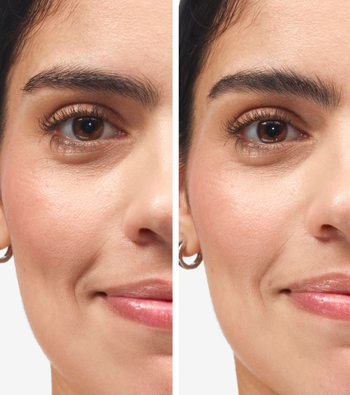 A model's brows before and after using the black tinted brow gel.