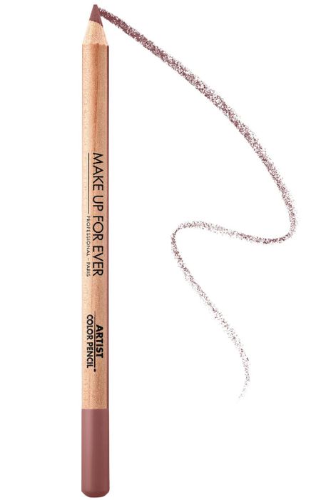 A MAKE UP FOR EVER lip pencil placed next to its swatch for easy shopping reference