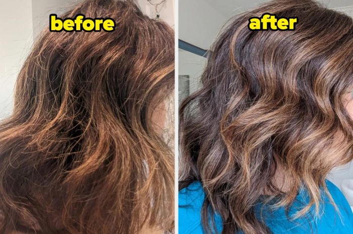 A comparison image showing wavy hair before and after using K18's Leave-In Molecular Hair Mask, showcasing noticeable improvements.
