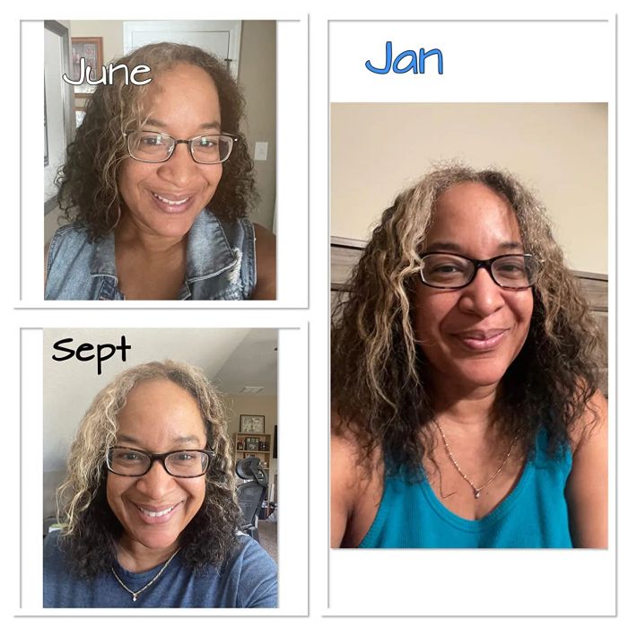 A reviewer’s before-and-after photos showing their shoulder-length hair in June, then in September, and finally in January, showcasing growth over time.