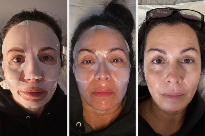 A reviewer showcases three images side by side, demonstrating the process of applying the face mask and the glowing results after use.
