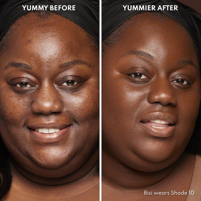A model with a darker skin tone before and after using the balm, which balanced their skin tone, concealed dark under-eye circles, and minimized acne scars