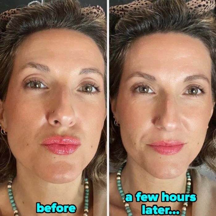 A close-up comparison of a reviewer's face before and after a few hours, showcasing the long-lasting effects of the lip product