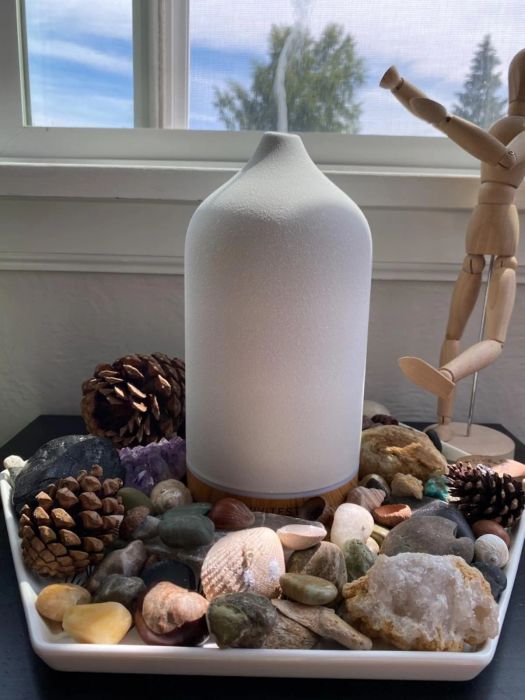 An essential oil diffuser rests on a tray surrounded by rocks, seashells, and pinecones, with a wooden mannequin positioned nearby near a bright window.