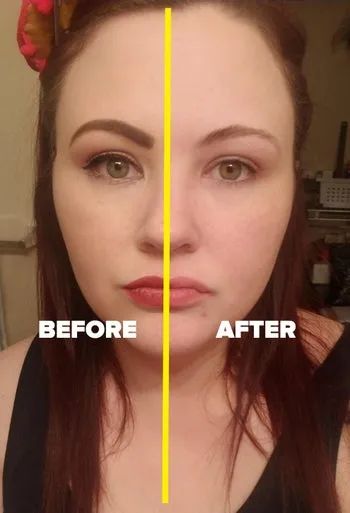 a reviewer with makeup on one side of their face and the other side completely clean after using the MakeUp Eraser cloth