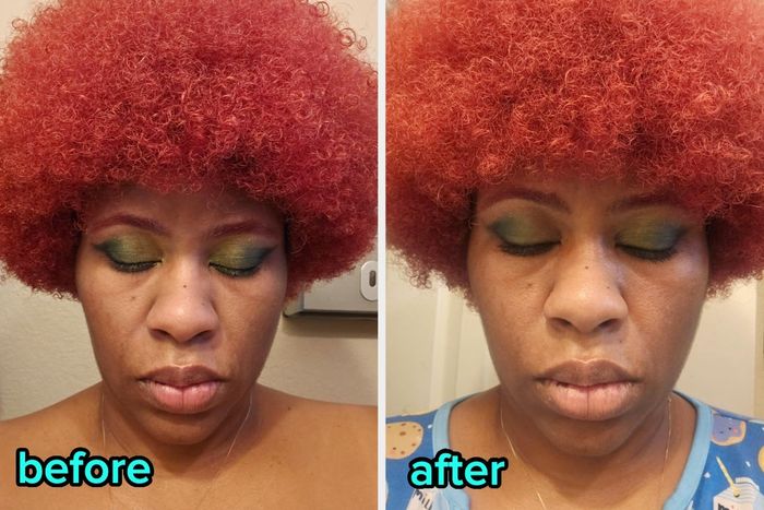 A split image of a reviewer with vibrant eyeshadow on the left and bare eyelids on the right, clearly labeled.