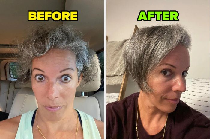Before and after photos of a woman’s hairstyle transformation, going from frizzy to sleek and smooth.