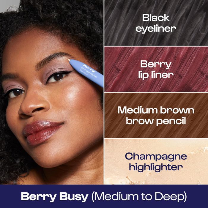 Close-up of a model displaying makeup products: black eyeliner, berry lip liner, medium brown brow pencil, champagne highlighter. Text reads 