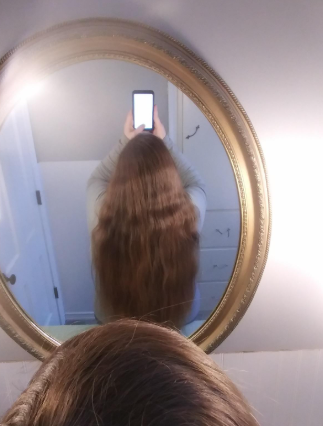 A rear view of a person with long hair, capturing a mirror selfie that showcases the length of their hair.