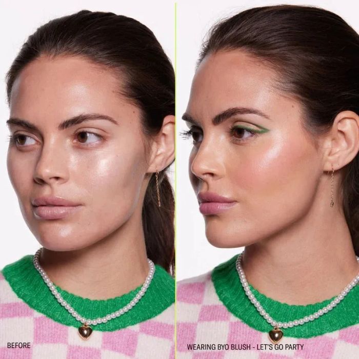 model showcasing before and after looks with the pink tinted blush oil on their cheeks