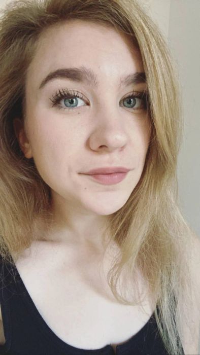 Editor Emma Lord wears mascara on both eyes.