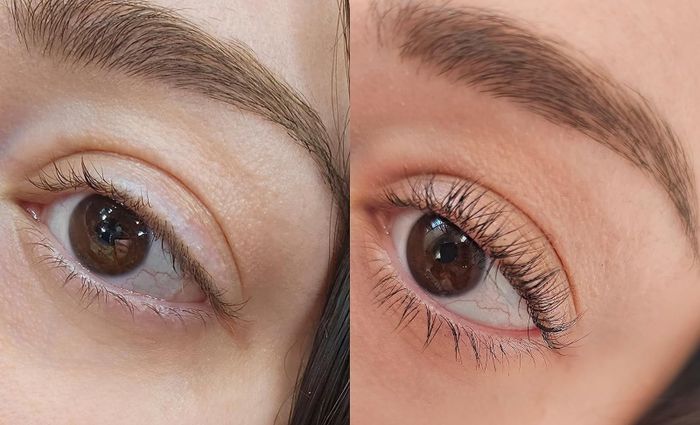 A before-and-after image showing a reviewer’s lashes, showcasing the transformation after using the lash lift kit.