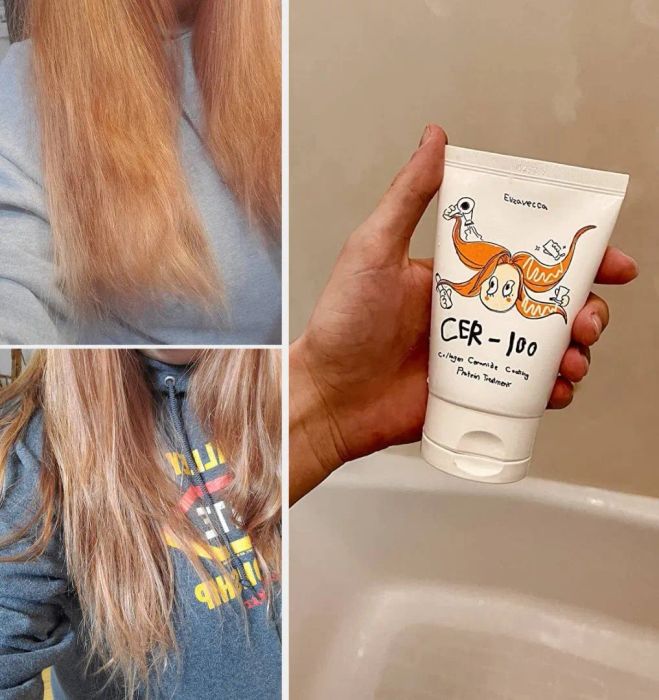 (1) A reviewer's before-and-after showing dry hair before using the product, then smooth, silky hair after. (2) A reviewer holding up the product bottle.
