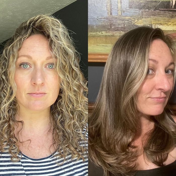 A split image showing the reviewer's curly hair before using the product, followed by the sleek, straight hair after the treatment.