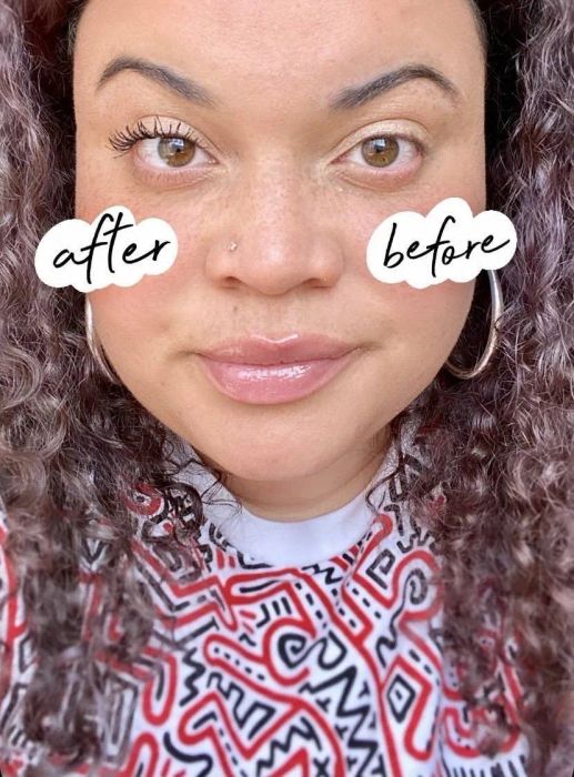 Mytour editor Kayla Boyd with mascara applied to one eye, noticeably lengthening and darkening the lashes compared to the bare eye.