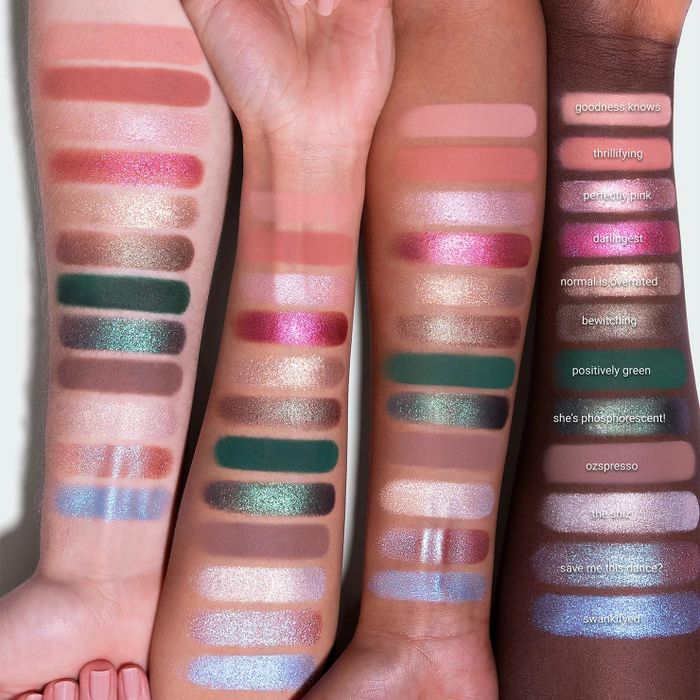 Various skin tones showing swatches of the eyeshadow shades