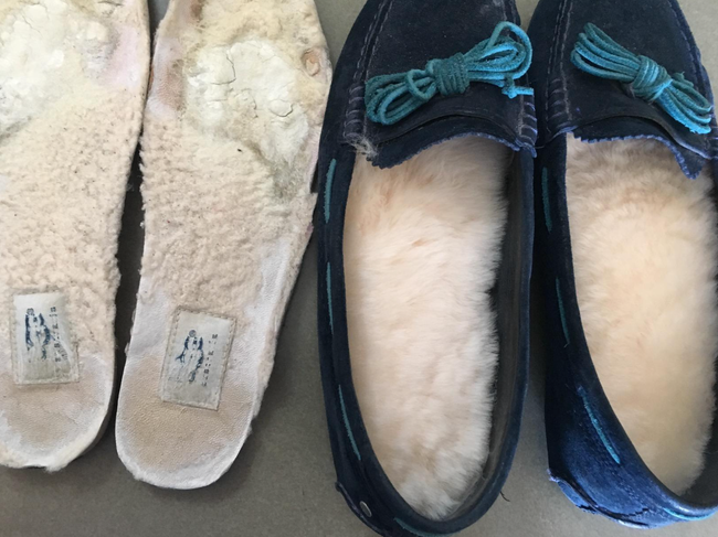 Two pairs of footwear, one fluffy slipper and one moccasin, shown side by side