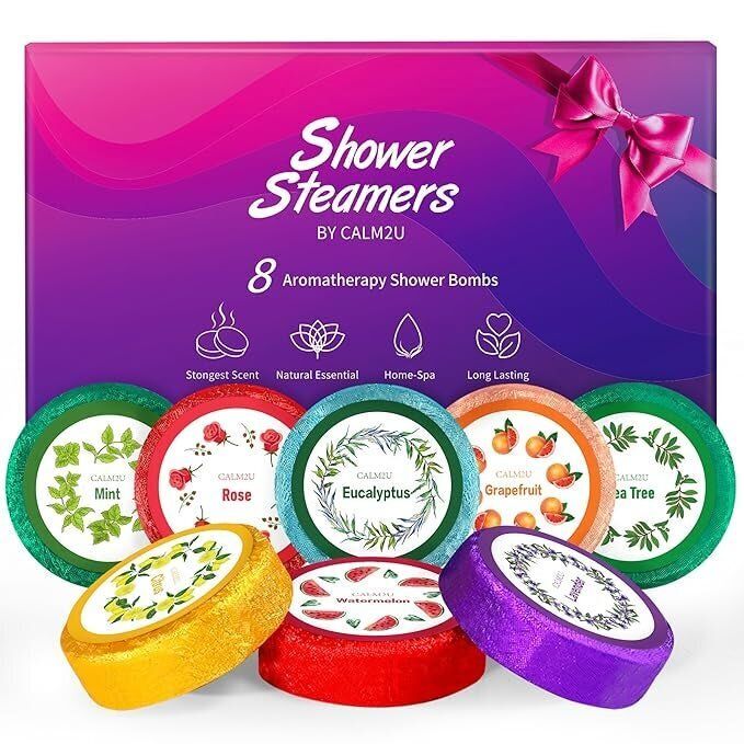 Packaging for CALM2U Aromatherapy Shower Steamers featuring eight scent options like mint and eucalyptus, designed to create a home spa atmosphere.
