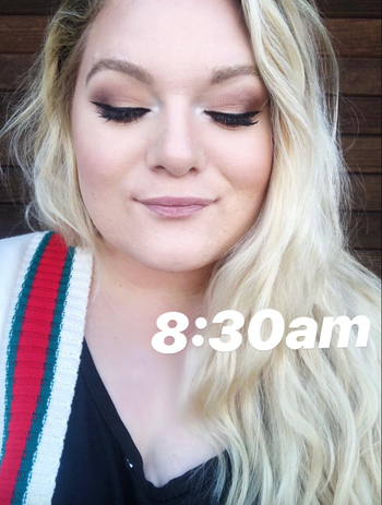 The reviewer proudly showcasing their eye shadow at 8:30 AM, still looking fresh and vibrant.