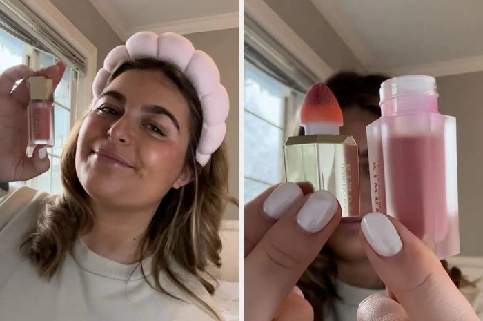A reviewer holds the pink blush applicator while wearing the product, showcasing its effect.