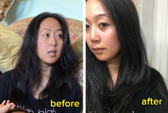 Two side-by-side photos of a person with long hair, wearing a black graphic t-shirt, looking relaxed at home in casual settings.