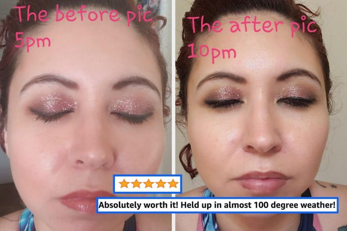 A reviewer demonstrating the impact of the setting spray, showing their makeup looking fresh and intact after use.