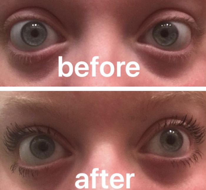 A collection of before-and-after customer review photos showing the transformation of their lashes with this mascara