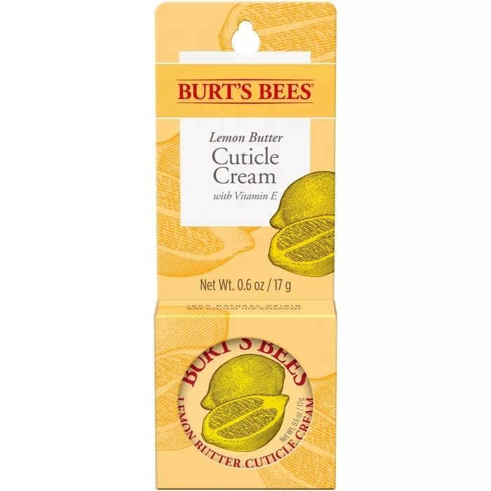Burt's Bees Lemon Butter Cuticle Cream packaging, featuring lemon illustrations and product details