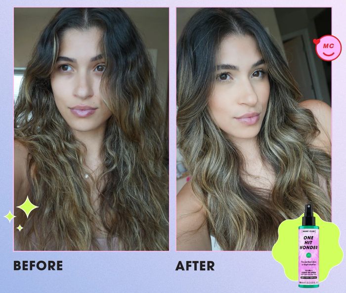 Before-and-after comparison of a model using the leave-in spray showing significant improvement in hair condition.
