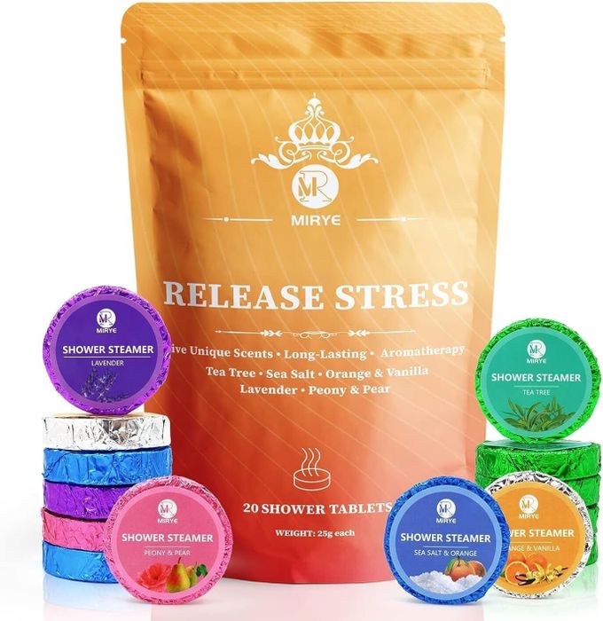 Pack of 20 shower tablets in various scents such as lavender, tea tree, and citrus. The focus is on aromatherapy for stress relief.