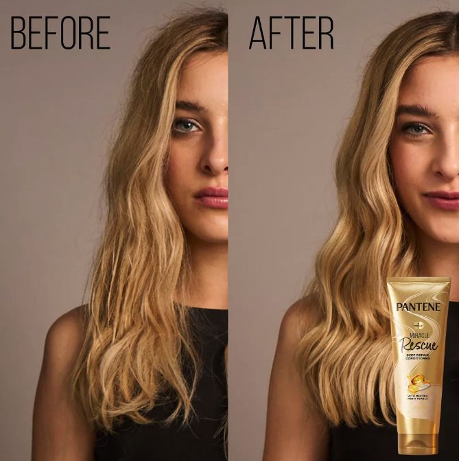 Split image showing a model with wavy hair. On the left, labeled 'Before', the hair looks frizzy; on the right, labeled 'After', the hair is smooth and shiny after using Pantene conditioner.