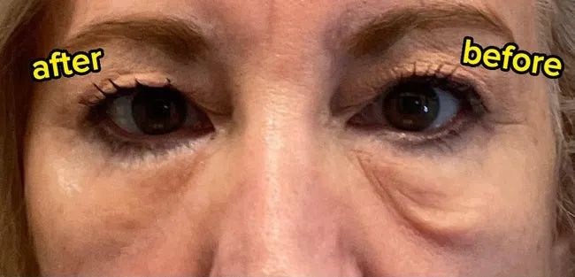A close-up shot of a reviewer's eyes and eyebrows, likely highlighting a makeup or beauty product from a shopping article.