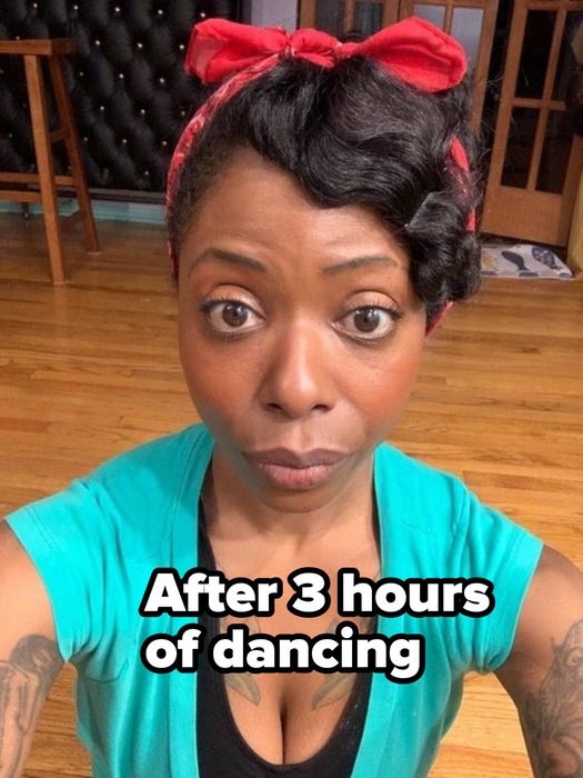 The same reviewer, but three hours later, dancing and showing how well her makeup held up.