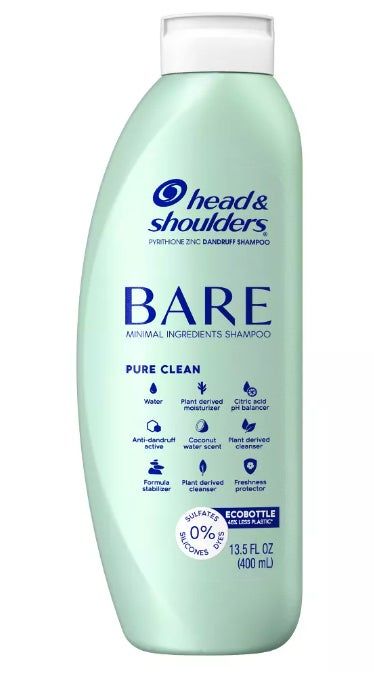 Head & Shoulders Bare Minimal Ingredients Shampoo bottle (1 fl oz), featuring a pure clean, plant-derived moisturizer, and free of sulfates and silicones.