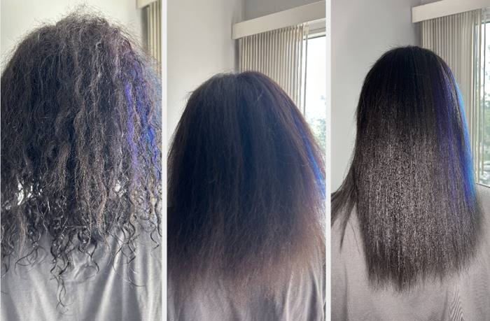 My hair in its curly form, then blow-dried, followed by a sleek, shiny straightened look using the Chi serum