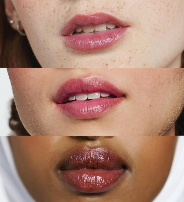 Close-up shots of three diverse models showcasing the same lip color on their lips