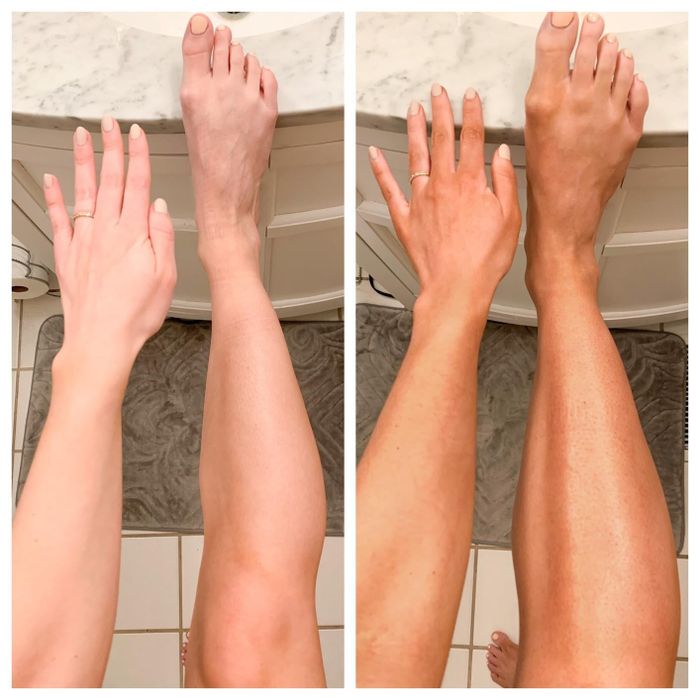 Before and after images showcasing a reviewer's pale skin transforming into a darker tan.