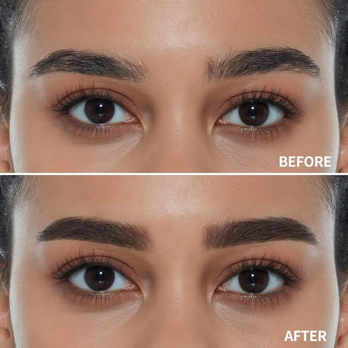 Close-up of someone's eyes showing the impact of a cosmetic product; top image labeled.