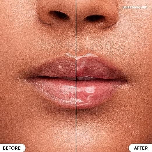Close-up of lips before and after using the glowy lip balm.