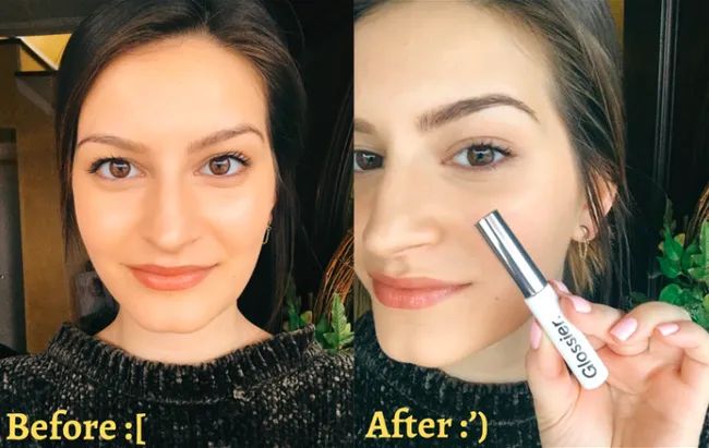 Mytour editor demonstrates before-and-after photos of using Boy Brow, showing noticeably fuller and darker brows.