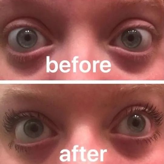 reviewer's lashes before and after, with the after showing a voluminous faux-lash effect